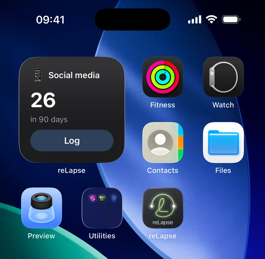 An iPhone home screen with the reLapse widget showing Social media, a 90-day count and a Log button.